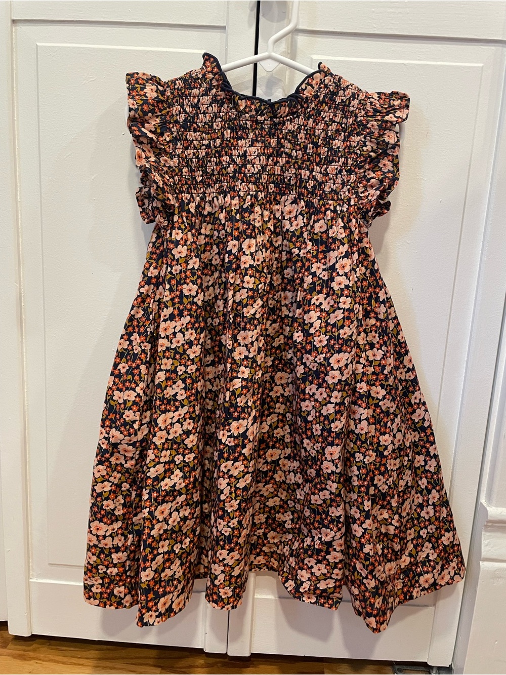 Pink Chicken Dark Navy Floral Smocked Dress with Peach Blossoms